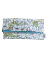 Recycled Map Wallet by LyssyMay Melbourne suburbs including Box Hill.  Front view showing how wallet folds.