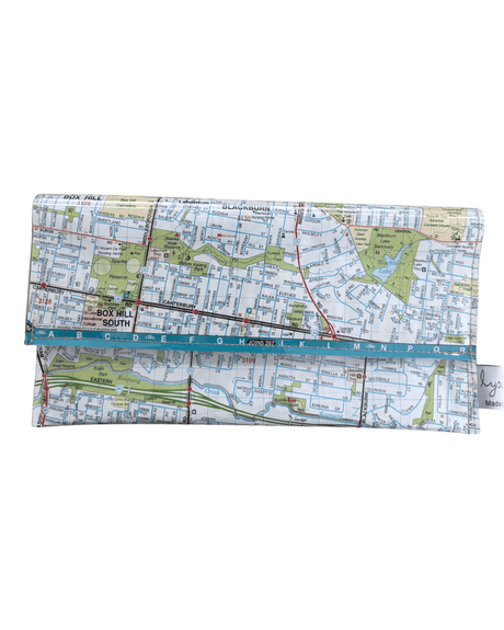 Recycled Map Wallet by LyssyMay Melbourne suburbs including Box Hill.  Front view showing how wallet folds.