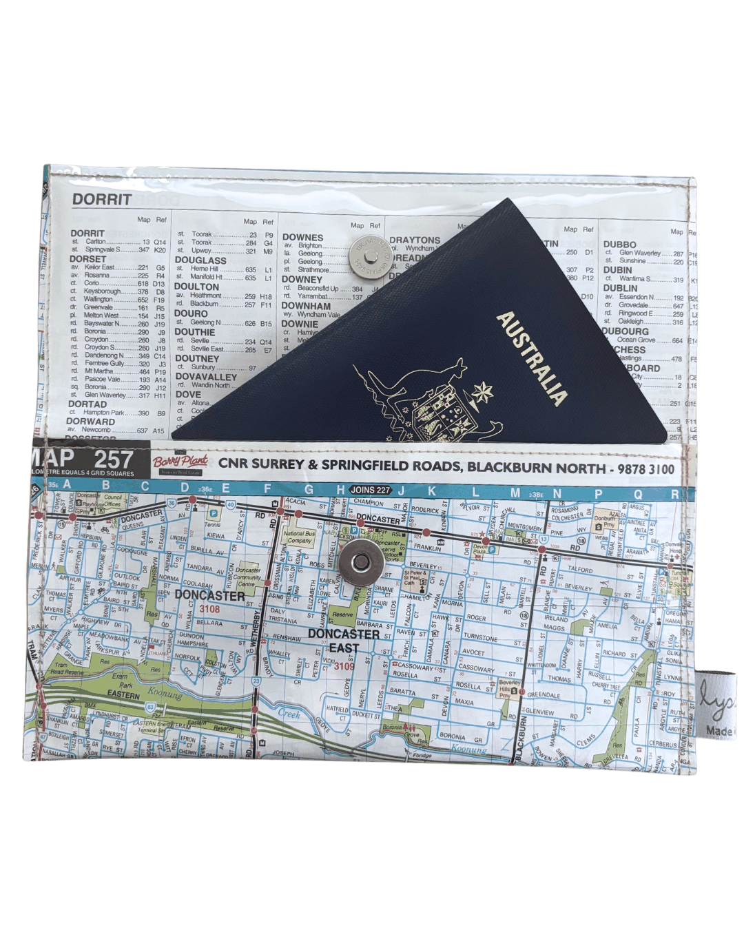 Recycled street map wallet featuring Doncaster, Blackburn, and Box Hill Melbourne suburbs made from vintage map pages