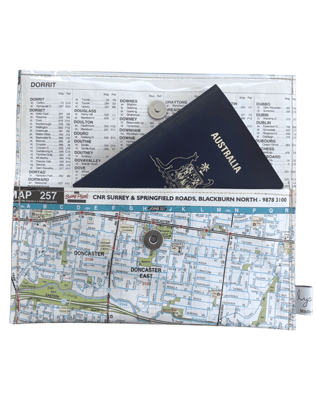 Recycled street map wallet featuring Doncaster, Blackburn, and Box Hill Melbourne suburbs made from vintage map pages