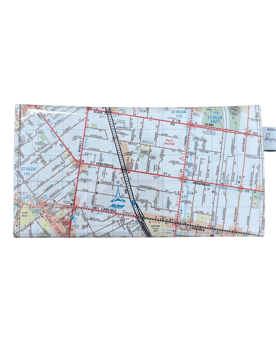 Map-patterned wallet on a white background