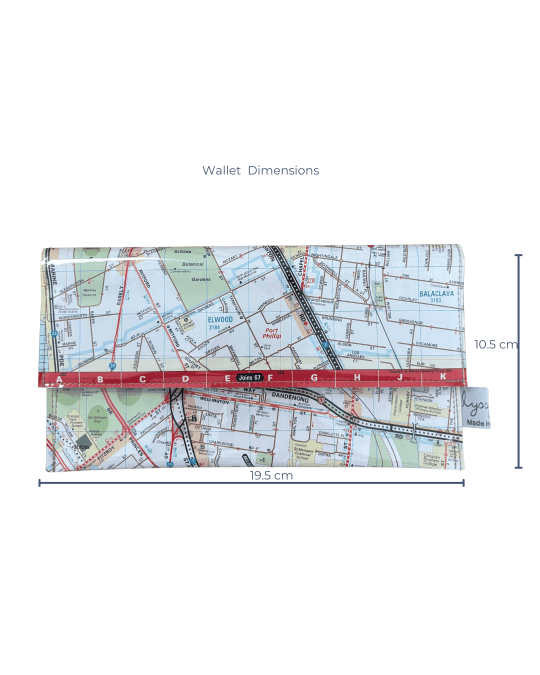 Map-patterned wallet with dimensions on a white background