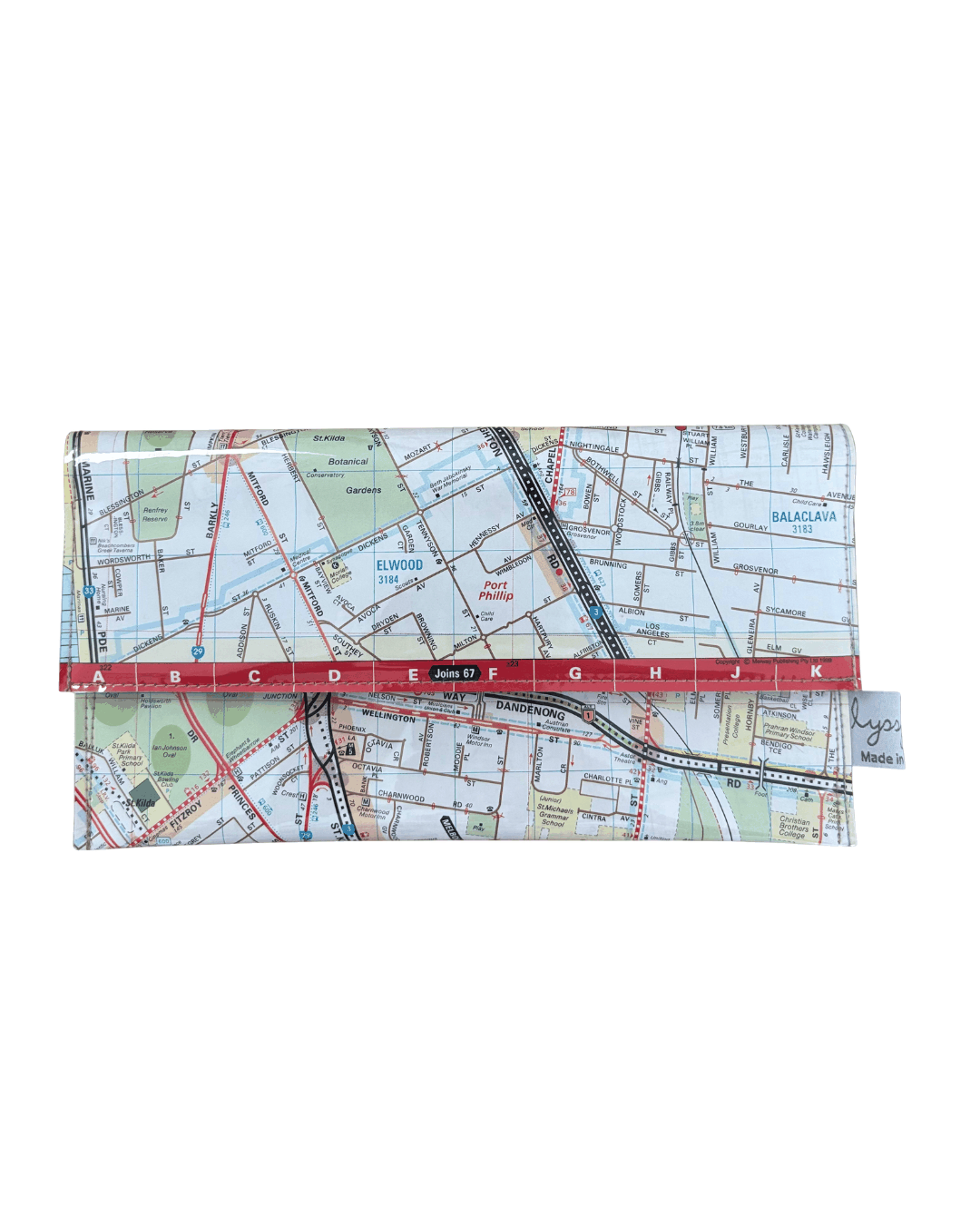 Map-patterned wallet with a red border on a white background