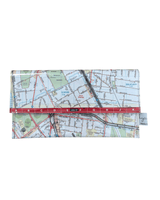 Map-patterned wallet with a red border on a white background