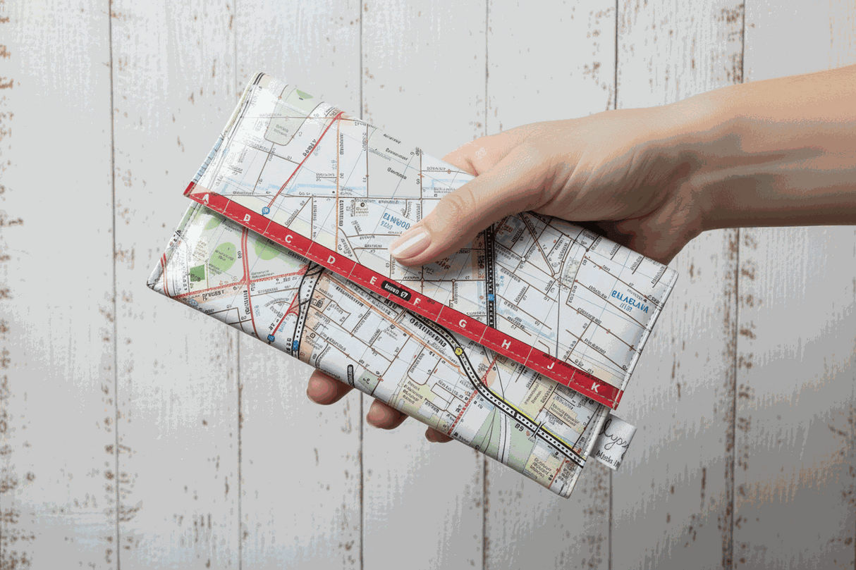 Recycled Street Map Wallet featuring Melbourne suburbs St Kilda, Elwood, Windsor, and Balaclava with clear PVC cover and magnetic clip.