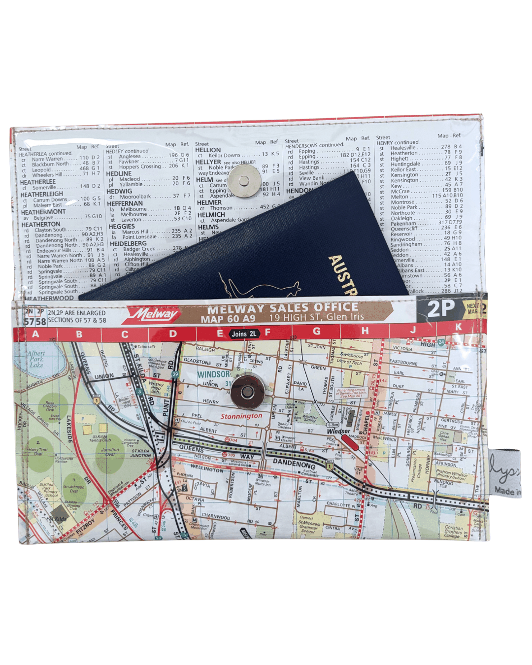 Map pouch with a map design on a white background