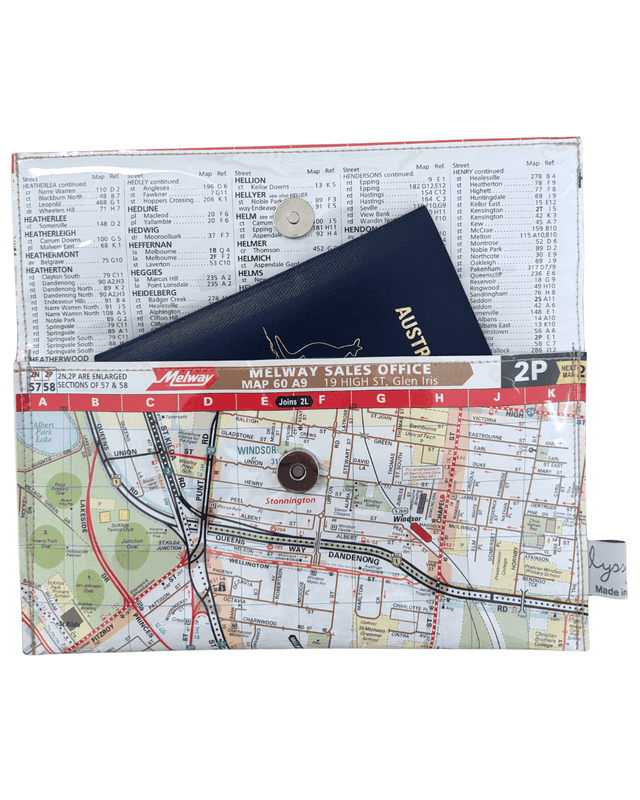 Map pouch with a map design on a white background