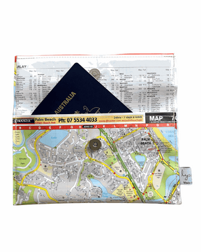 Slimline recycled street map wallet featuring Gold Coast Palm Beach, Currumbin, and Cobaki Lakes streets from a 2009 Brisbane UBD directory