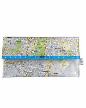 Recycled street map wallet featuring Ipswich and suburbs, made from 2009 Brisbane region map pages.