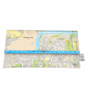 Recycled street map wallet featuring Brisbane suburbs Kenmore and Jindalee, made from vintage UBD directory pages