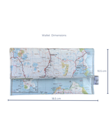 Map-patterned wallet with dimensions on a white background