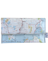 Map-patterned clutch wallet on a white background