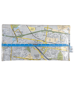 Recycled street map wallet made from Brisbane region map featuring Loganlea, Meadowbrook, Slacks Creek, and Springwood streets