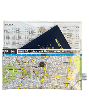 Recycled street map wallet featuring Brisbane suburbs Mount Gravatt, Mansfield, Eight Mile Plains, and Wishart, made from vintage UBD street directory pages.