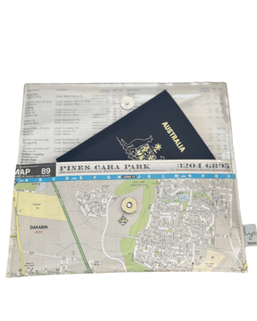 Recycled street map wallet made from 2009 Brisbane UBD directory featuring Moreton Bay area streets with magnetic closure