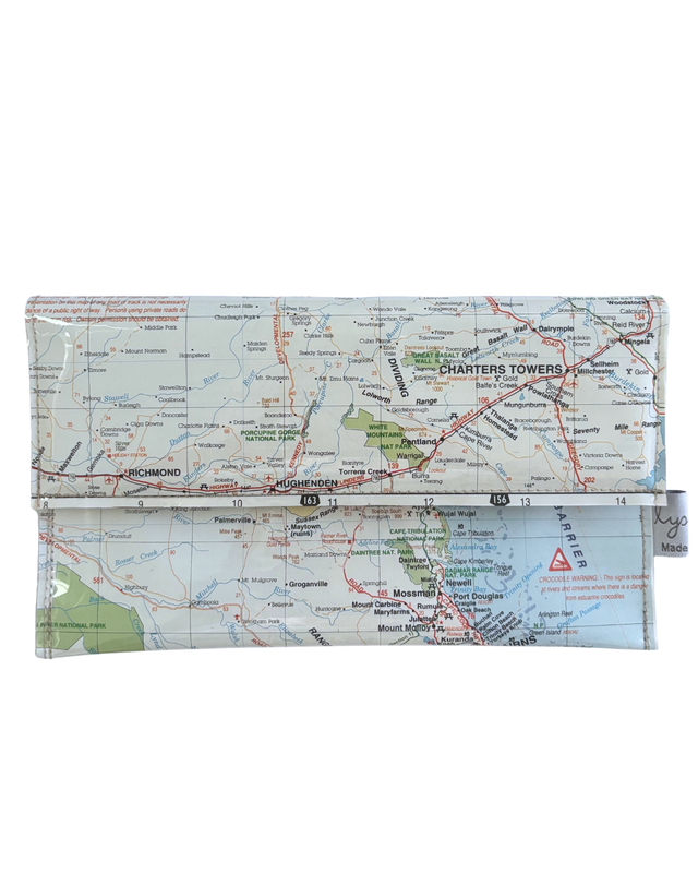 Map-patterned wallet on a white background