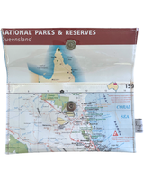 Map wallet with a map of Queensland's national parks and reserves on a white background