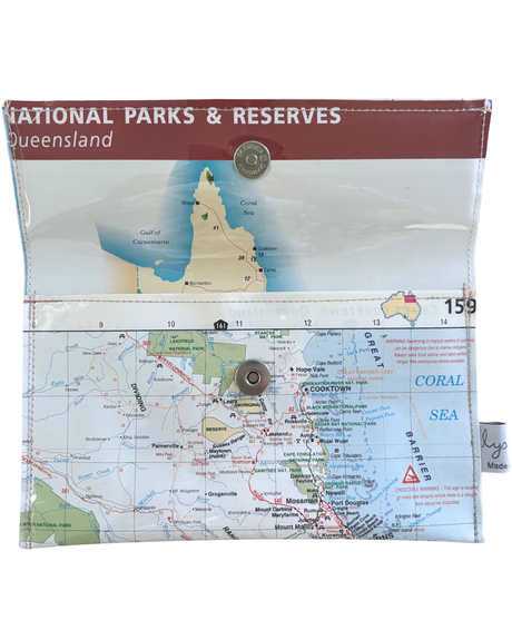 Map wallet with a map of Queensland's national parks and reserves on a white background