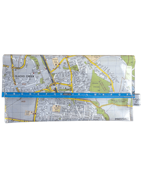 Recycled street map wallet featuring Brisbane suburbs Slacks Creek, Springwood, Rochedale, Burbank, made from vintage 2000-2009 UBD map pages