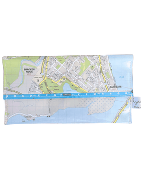 Recycled Street Map Wallet featuring Brisbane suburbs Sandgate, Bracken Ridge, and Brighton with Tinchi Tamaba Wetlands design