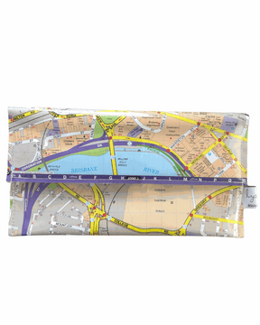 Recycled street map wallet featuring 2009 Brisbane UBD directory streets around Roma Street and Petrie Terrace