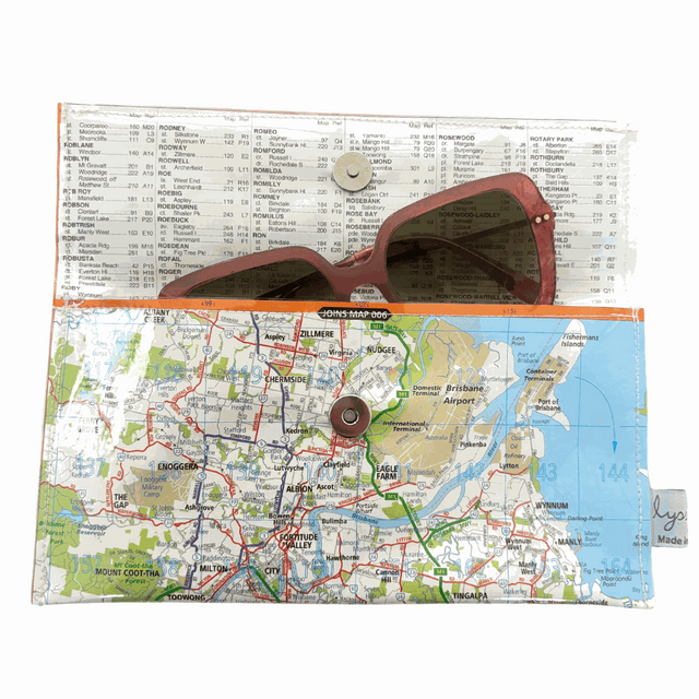 Recycled street map wallet featuring Brisbane suburbs design made from original UBD map pages with clear PVC protection and magnetic closure