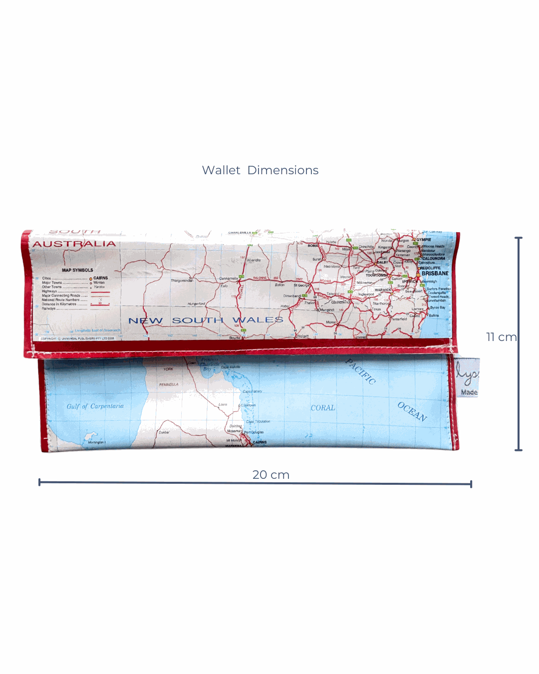 Lyssy May recycled map wallet of Queenslands. Front of wallet with dimenions 20 cm wide by 11 cm high