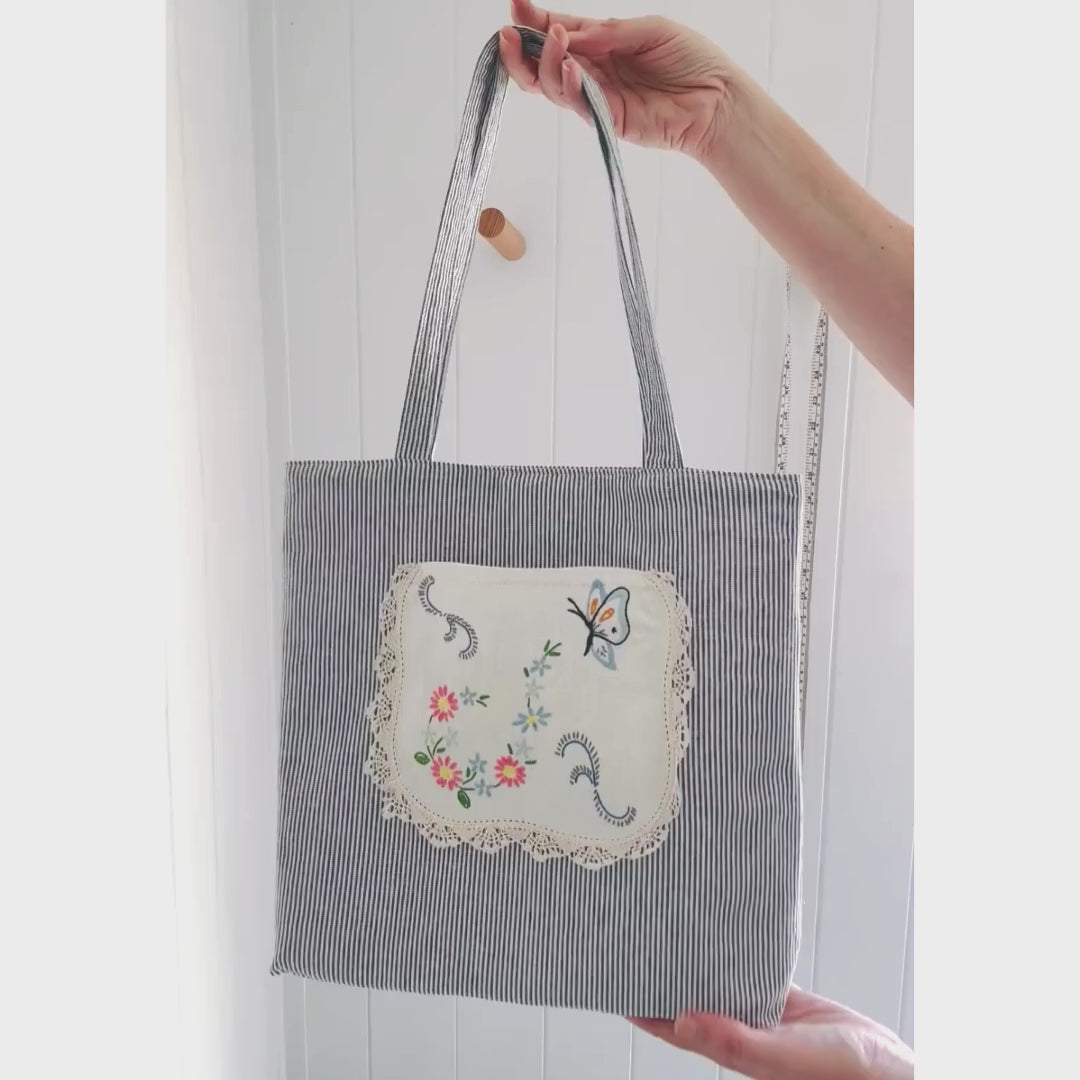 Vintage Embroidery Garden Linen Pocket Handmade Fabric Tote by Lyssy May - Blue Stripe