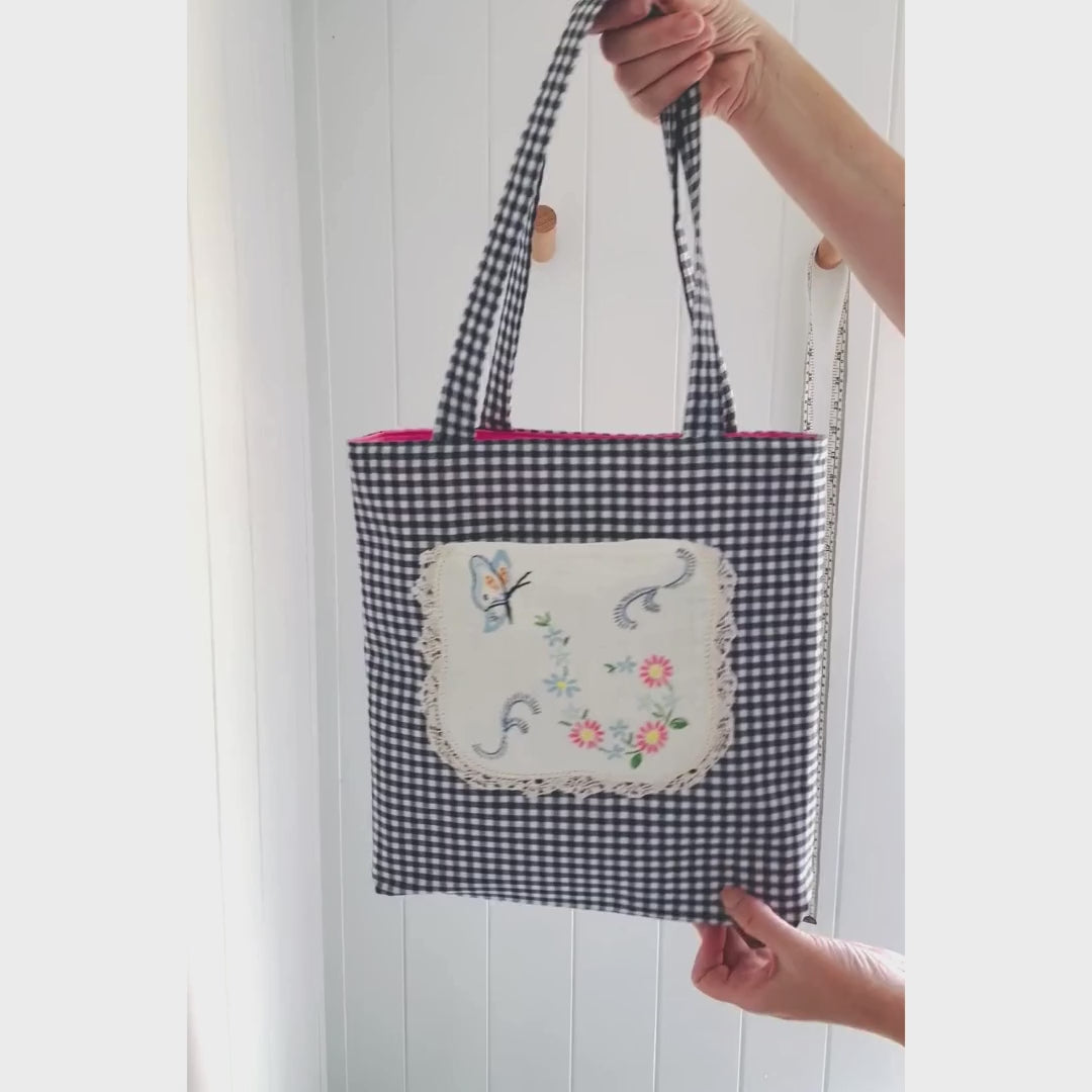 Vintage Embroidery Garden Linen Pocket Handmade Fabric Tote by Lyssy May - Navy Gingham