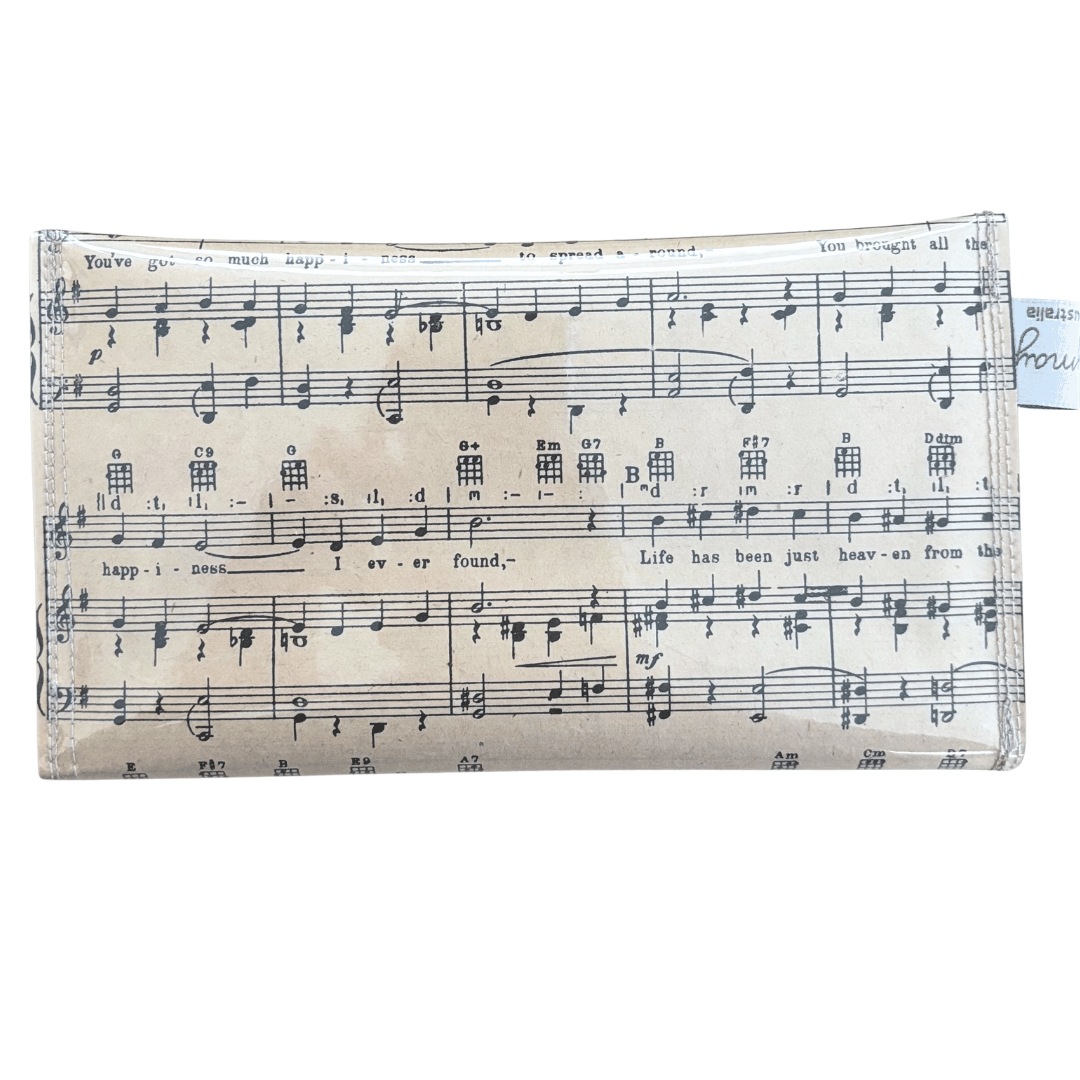 Wallet made from vintage sheet music from 1940s by Lyssy May Australia. Back view showing music and lyrics.