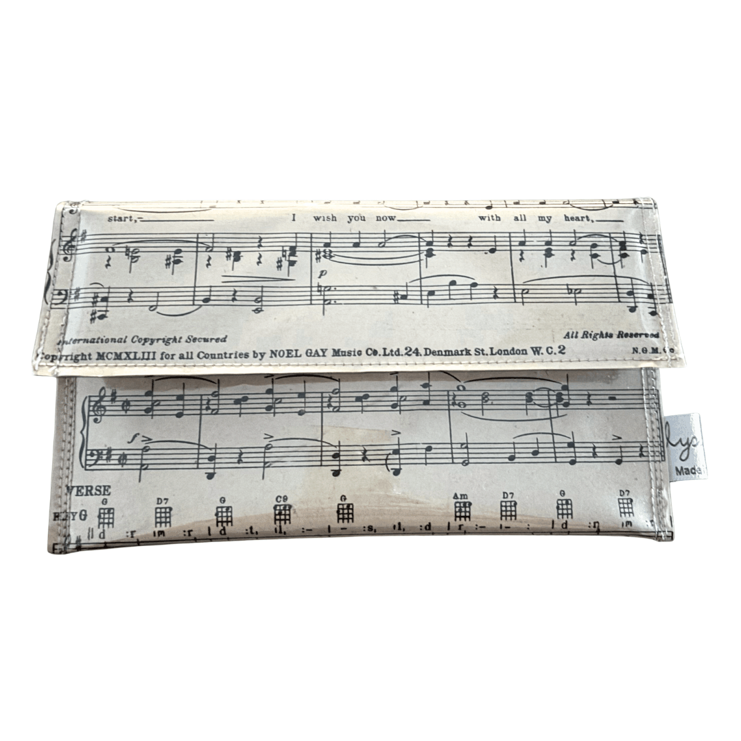 Wallet made from vintage sheet music from 1940s by Lyssy May Australia. Front view showing music and lyrics.