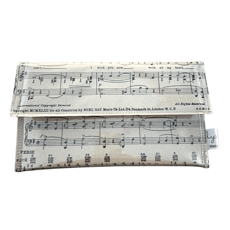Wallet made from vintage sheet music from 1940s by Lyssy May Australia. Front view showing music and lyrics.