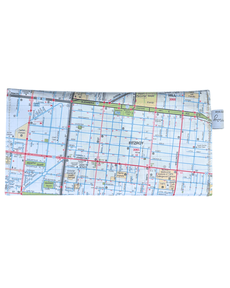 Map-patterned wallet on a white background